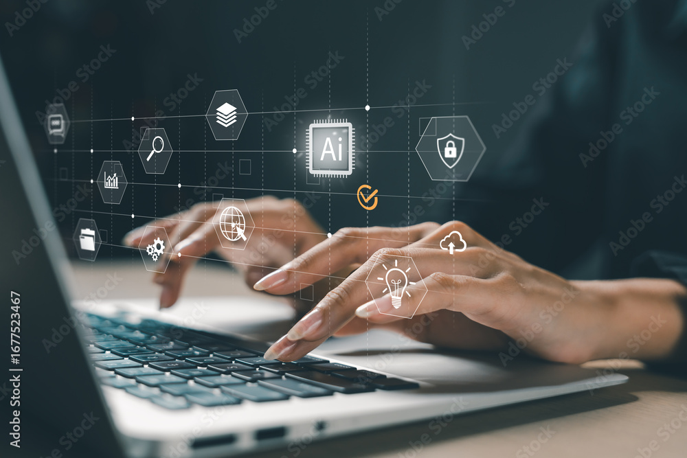 Fototapete person using futuristic ai interface on laptop with virtual command prompt and icons for chat, voice