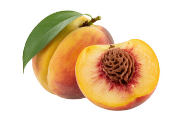 A whole peach and a halved peach with a leaf, isolated on a transparent background. background...