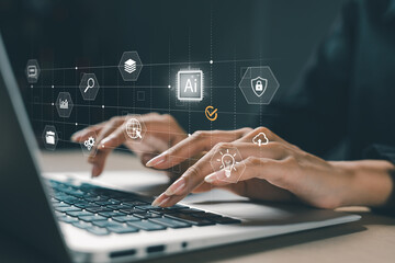 Person using futuristic AI interface on laptop with virtual command prompt and icons for chat, voice, media, and text tools, symbolizing artificial intelligence in digital communication workflow.