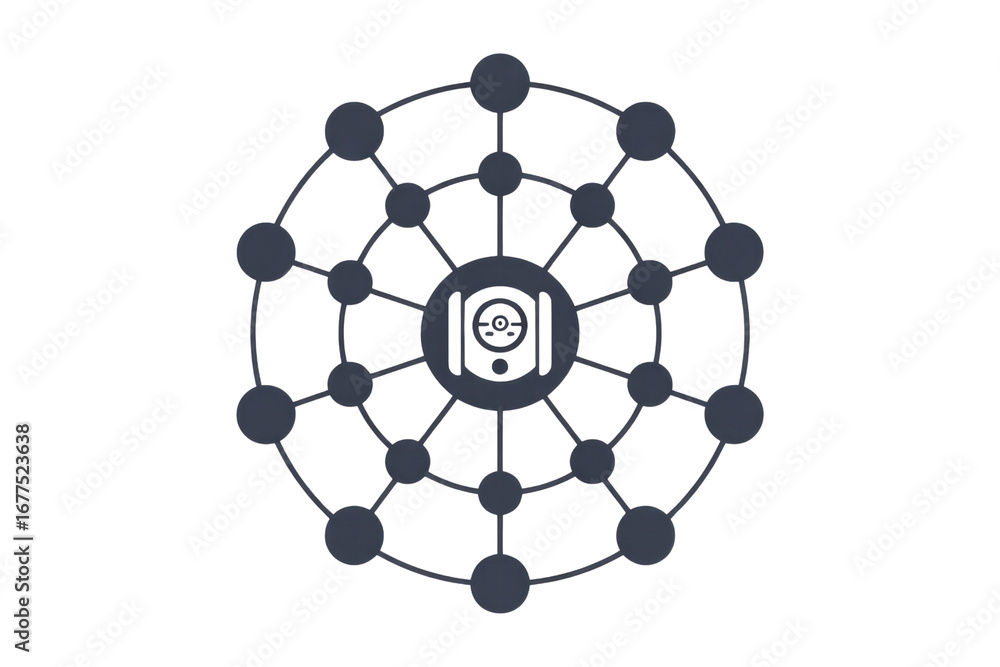 Poster abstract network graphic with central node and surrounding interconnected circles. background remove