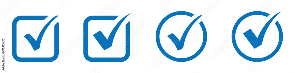 Aufkleber check box icon with correct, accept checkmark icons, blue tick box, check list circle frame. checkbo