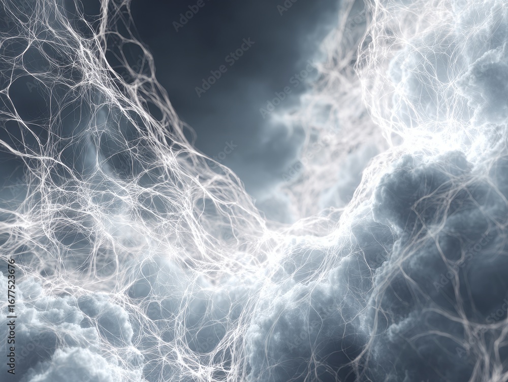 Poster ethereal glowing filaments - abstract cosmic neural network in dark space.