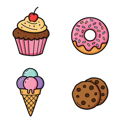 Cute Cartoon Cupcakes Donuts Ice Cream and Cookies Collection.