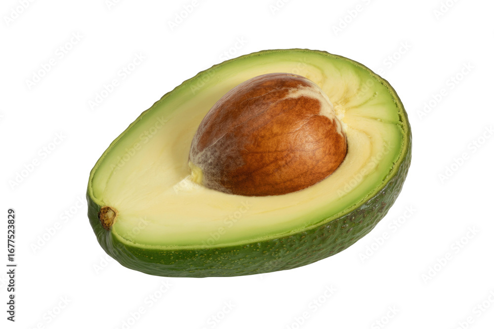 Poster a halved avocado with a visible pit, isolated on a transparent background. background removed