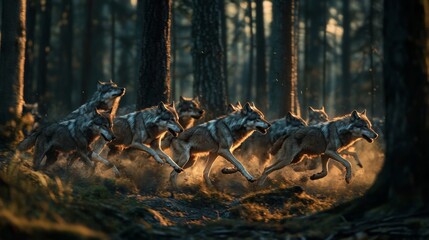 A pack of wild wolves running through a dense forest at dusk