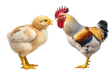 A young chick and a rooster face each other against a transparent background. background removed