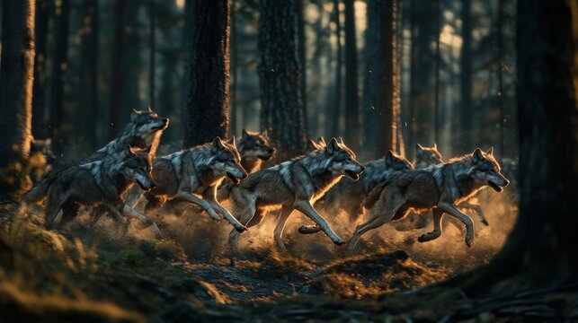 A pack of wild wolves running through a dense forest at dusk 