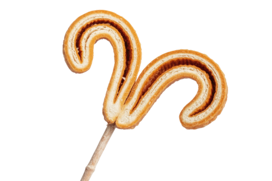 A delicious palmier cookie, shaped like a double-ended hook, on a stick. background removed