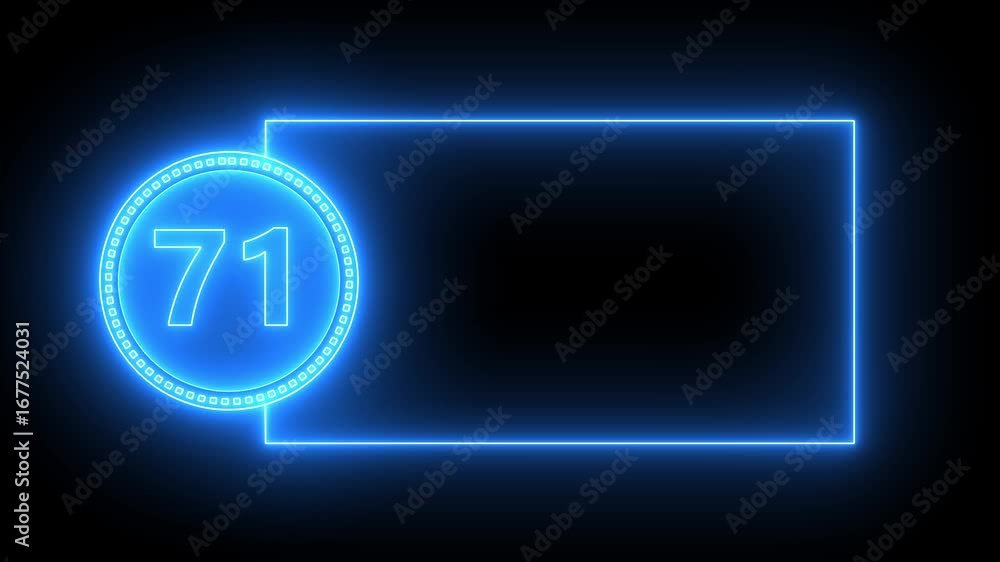Poster blue neon number 71 in circle with rectangular frame on black background seventy one digit