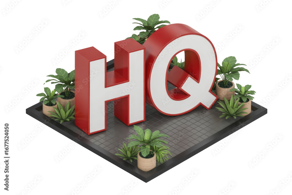 Poster 3d rendering of hq letters surrounded by potted plants on a dark tile surface. background removed