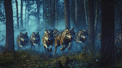A pack of wild wolves running through a dense forest at dusk