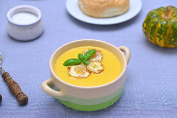 delicious autumn soup made from zucchini and pumpkin