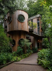 A whimsical, multi-level wooden treehouse nestled amidst lush greenery, featuring round porthole windows and elevated walkways