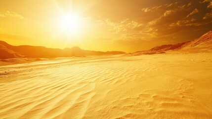 A vast desert landscape under a golden sunset, showcasing rolling sand dunes and a bright sun illuminating the horizon.
