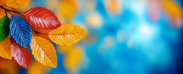 Obraz premium Autumn colorful leaves on branch with blue bokeh background. Autumn decor and fall holiday celebration design concept. Still life shot for wallpaper, banner, card with copy space