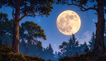 Naklejka premium Full Moon Night: Majestic Forest Scene