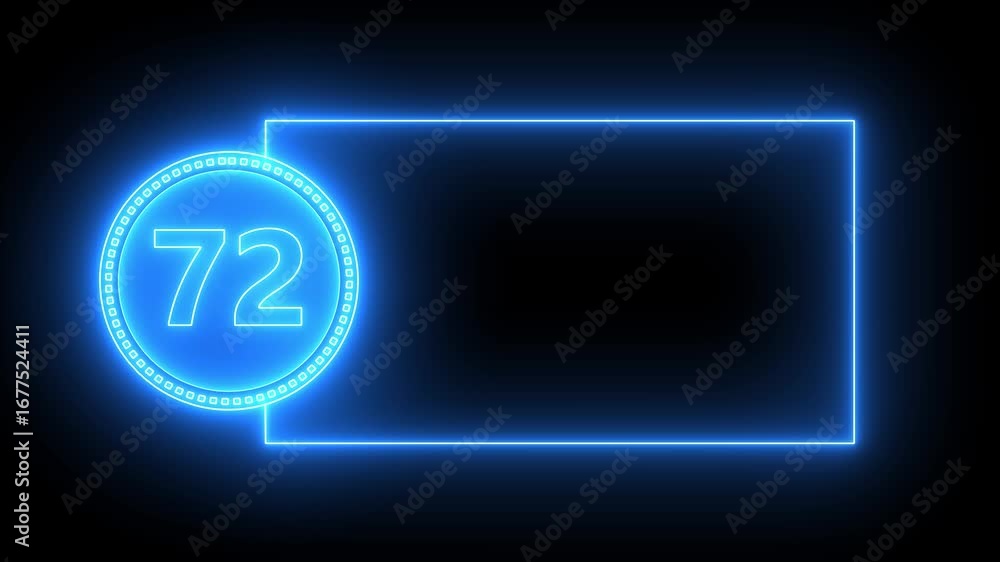 Poster blue neon number 72 inside circle with rectangular frame on black background seventy two numeral
