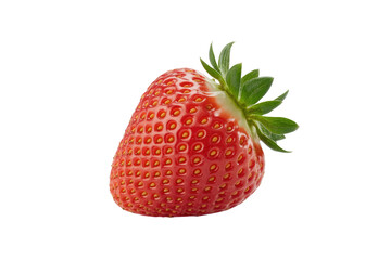 A single, ripe strawberry with green leaves, isolated on a transparent background. background...