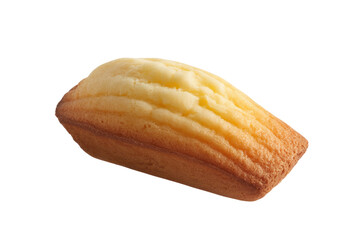 A single, golden-brown madeleine, a small shell-shaped sponge cake, isolated on a transparent...