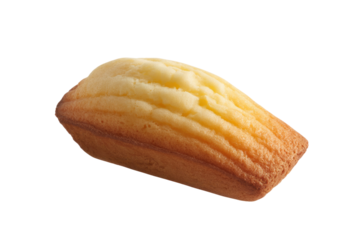 A single, golden-brown madeleine, a small shell-shaped sponge cake, isolated on a transparent background. background removed
