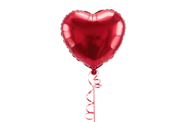 A single red heart-shaped balloon with a curled ribbon, isolated on a transparent background. background removed