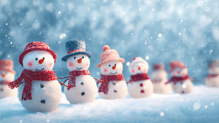 Adorable Snowmen Lineup with Red Scarves and Hats in a Magical Winter Wonderland