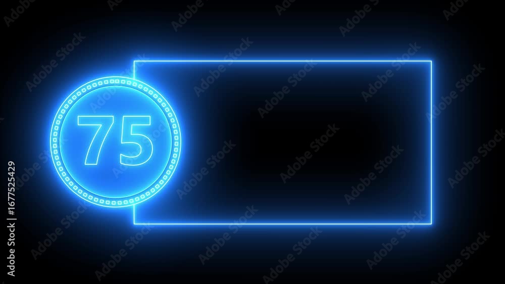 Aufkleber blue neon number 75 inside circle with rectangular frame on black background seventy five numeral