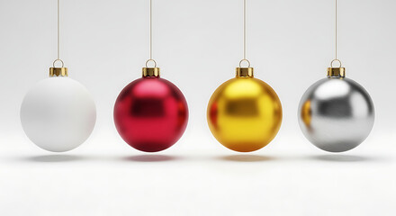 Four christmas ornaments in white, red, gold and silver isolated on white background