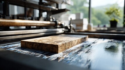 A piece of rich-brown timber rests on a production line, bathed in natural light, showcasing the craftsmanship of woodworking.