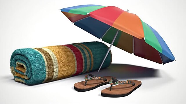 A colorful beach umbrella shades a rolled-up striped towel and a pair of flip-flops on a white background.