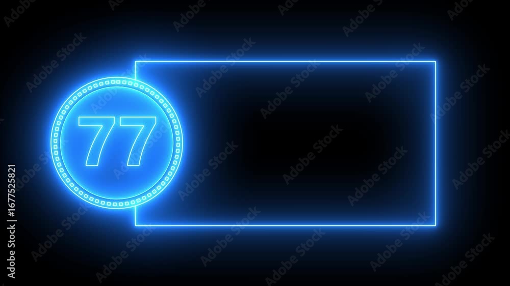 Poster blue neon number 77 inside circle with rectangular frame on black background seventy seven