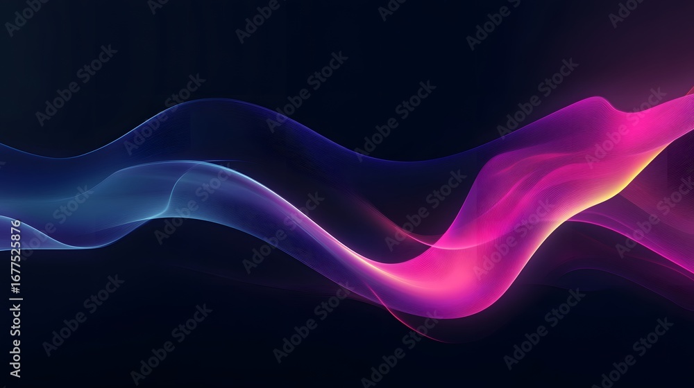 Poster Abstract design with flowing, translucent ribbons in vibrant hues of pink and blue, set against a deep navy backdrop, creating a dynamic and captivating visual effect.