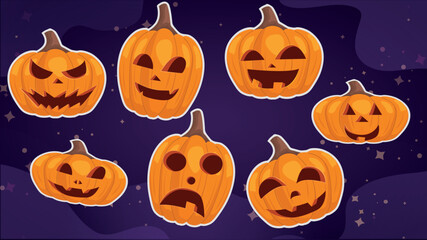 halloween background with pumpkins, set of pumpkins stickers