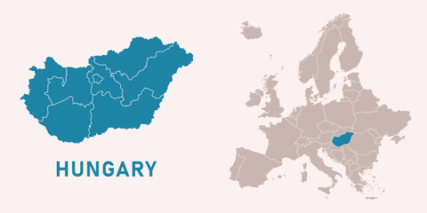 Map of Hungary with administrative divisions and highlighted position on Europe map. Isolated on white background. Vector illustration.