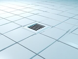 A light-blue tiled floor with a small ventilation grille positioned centrally.