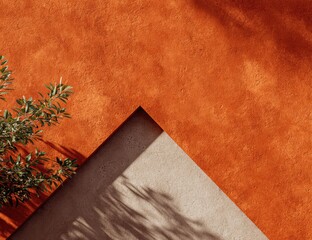 Sun-dappled orange stucco wall meets a neutral-toned corner, with a small green plant casting shadows