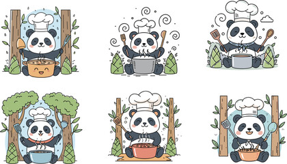Adorable panda chefs cooking with kitchen tools, bamboo background, preparing dumplings and rice meals, cartoon characters – flat vector illustration