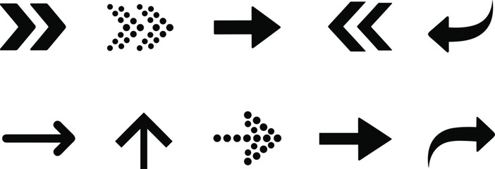 Arrow symbol vector set with curved, dotted, and chevron styles, black directional icons for UI design, signage, and graphics