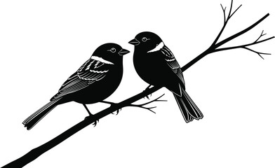 Black and white vector illustration of two birds perched on bare tree branch, symmetrical nature design showing communication and companionship