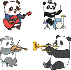 Adorable panda playing guitar, drums, violin, trumpet, cute animal musician, cartoon music characters, musical instruments, fun entertainment, happy, flat vector illustration © Mehebub Creatives