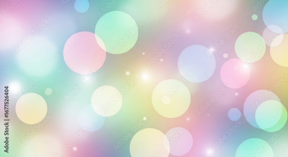 Poster soft pastel bokeh circles with gentle sparkle and dreamy gradient background