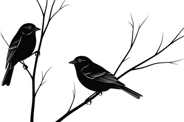 Black silhouette of two birds perched on bare tree branches, minimal vector nature scene symbolizing winter, serenity, and quiet interaction