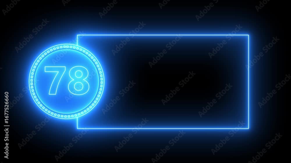 Poster blue neon number 78 inside circle with rectangular frame on black background seventy eight