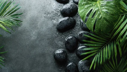 Fototapete Toilette Dark grey background, wet black stones arranged centrally, flanked by lush green tropical leaves with water droplets  © NeroCanvas