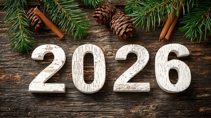 2026 New Year composition. Wooden numbers, festive decoration, winter holidays concept. For marketing, web, design.