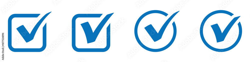 Aufkleber check box icon with correct, accept checkmark icons, blue tick box, check list circle frame. checkbo