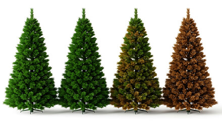 Fototapeta premium Four christmas trees in different stages of life isolated on white background