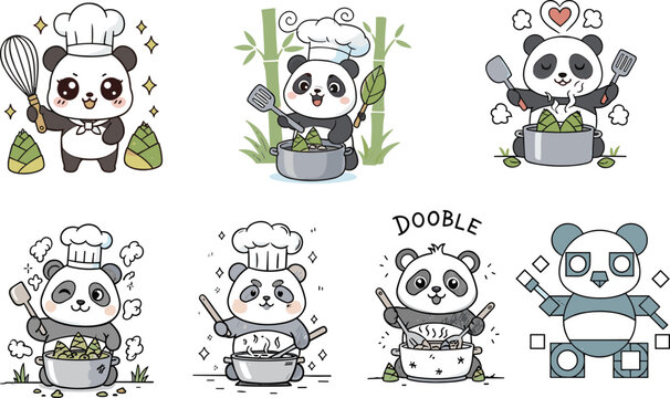 Cute panda chefs cooking food, dumplings, and rice with kitchen utensils, cartoon animal characters in action – flat vector illustration