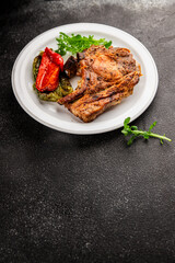 Steak pork barbecue meat tasty snack fresh delicious gourmet food background on the table rustic food top view copy space