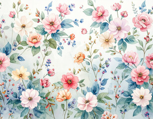 Romantic watercolor floral pattern with pink and peach roses on a light background